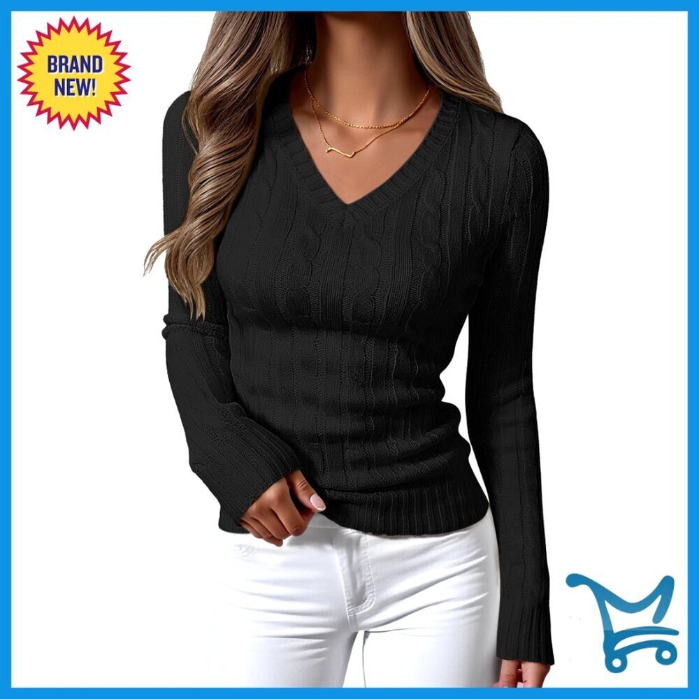 Slim Fit V Neck Cable Knit Sweater Long Sleeve Pullover Top Business Casual